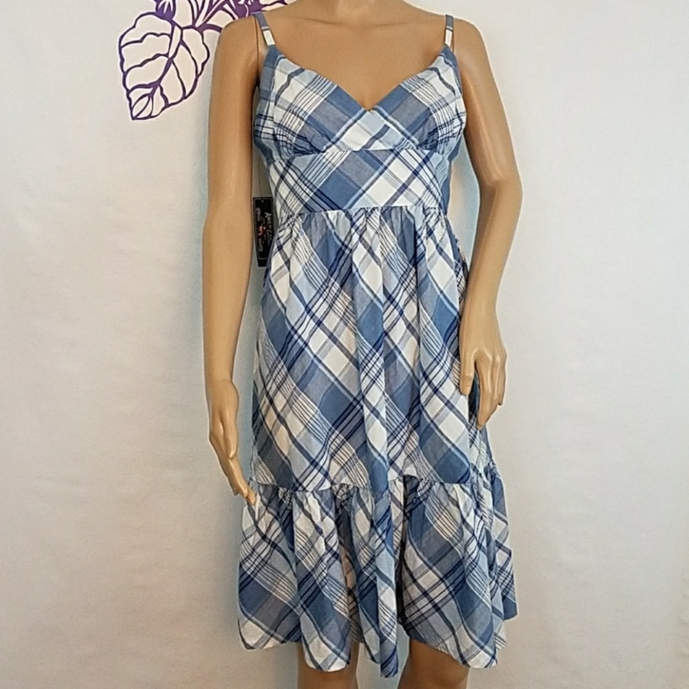 American Living sundress blue plaid ruffle. 0206